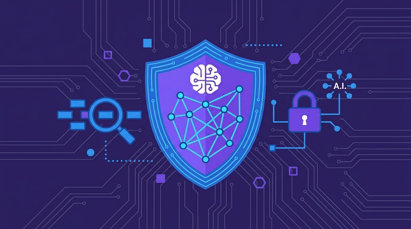 Digital illustration of a blue and purple cybersecurity shield containing an AI brain circuit, flanked by a magnifying glass analyzing data and a locked padlock labeled A.I., set against a dark circuit board background.