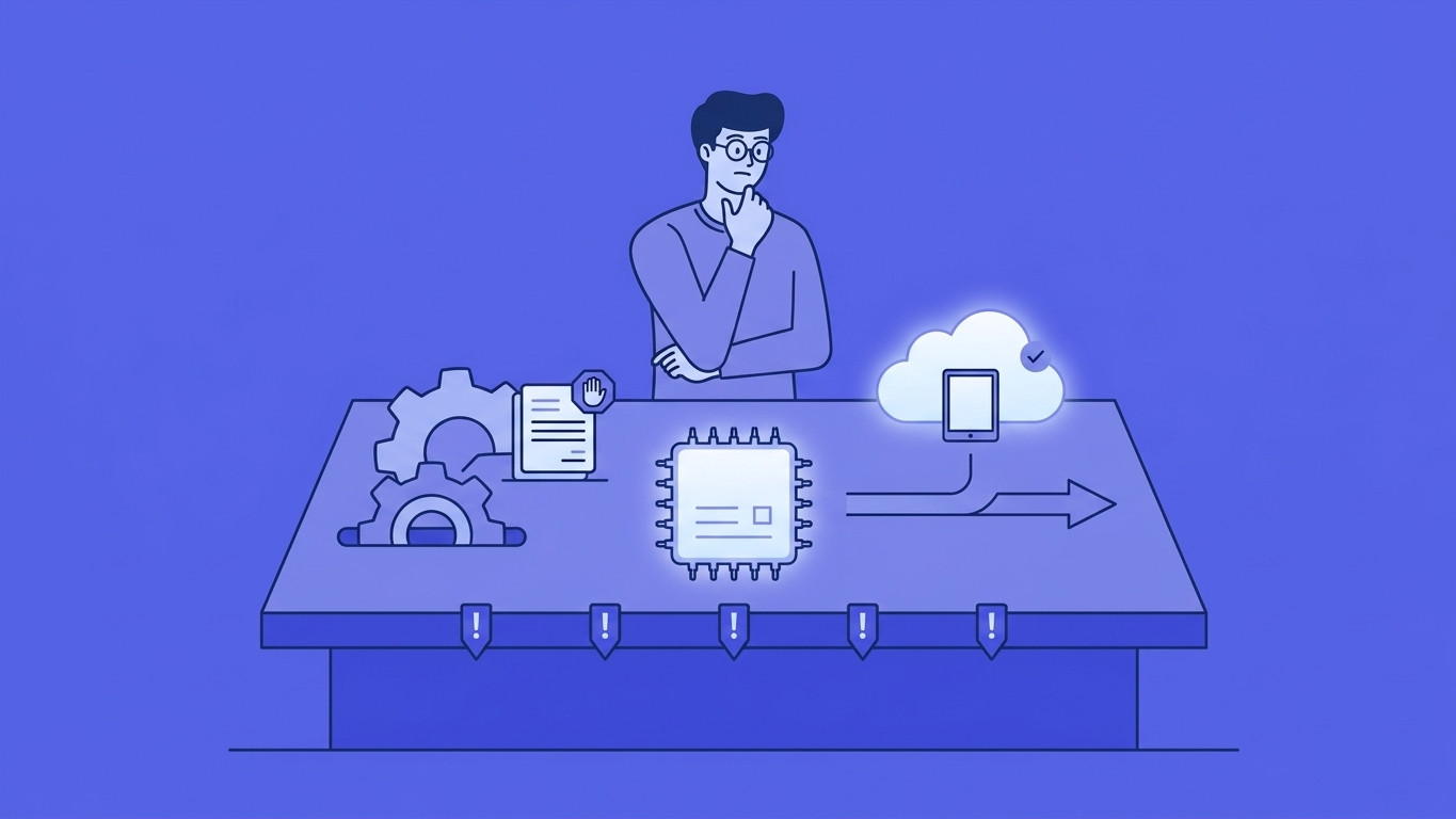 Blue vector of a man managing an automation workflow. Input logic (gears, docs) flows into a central glowing processor, with a data arrow pointing to a cloud-based mobile output. Features warning icons along the platform edge. Minimalist tech style.