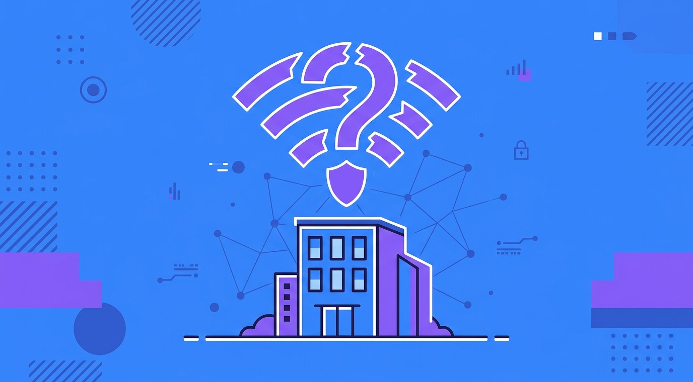 Płaska ilustracja budynku biurowego z uszkodzoną, niepewną łącznością sieciową. Sygnał Wi-Fi z dużym znakiem zapytania i małą tarczą w kształcie znaku zapytania unoszą się nad nim, na tle geometrycznego, niebieskiego, technicznego wzoru.