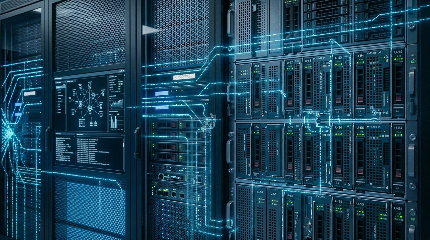 Close-up of a high-tech server rack filled with hardware units. Glowing electric blue data lines flow across the equipment like a living network. A digital panel on the left displays network nodes and code, illustrating advanced AI infrastructure.